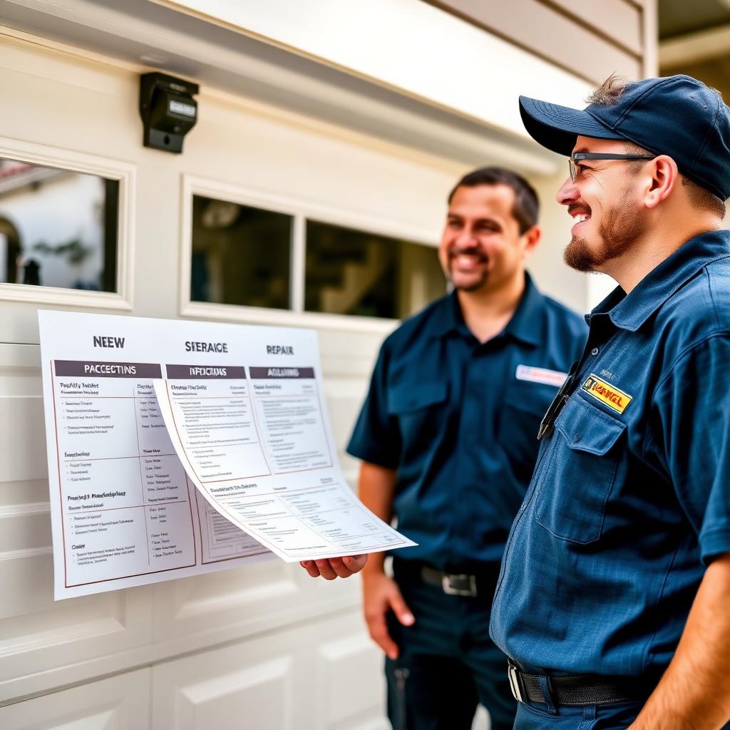 Garage door technician explaining options to homeowner